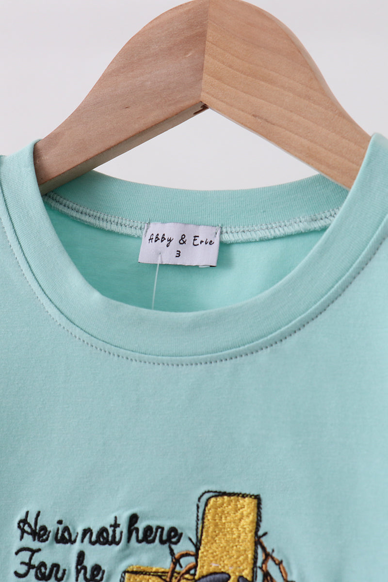 He is risen embroidery top-Blue