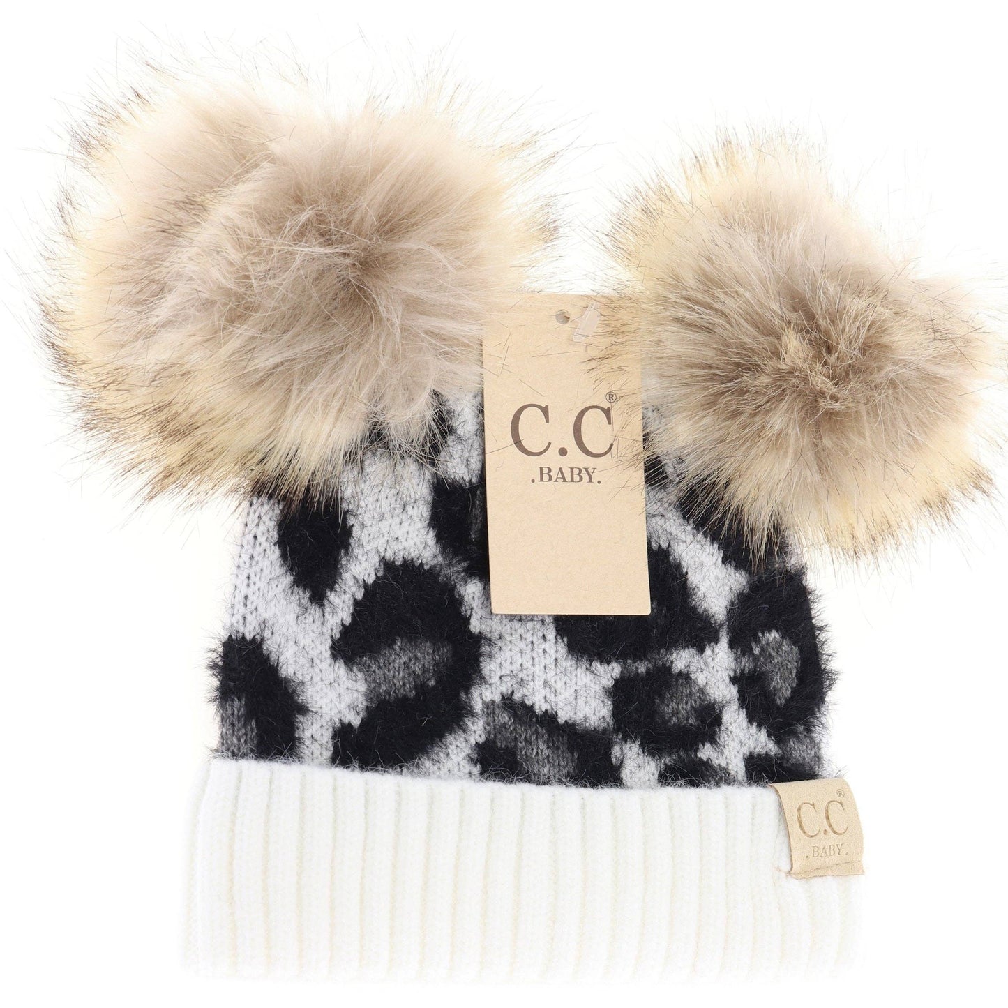 BABY Leopard Double Pom C.C Beanie: Ivory