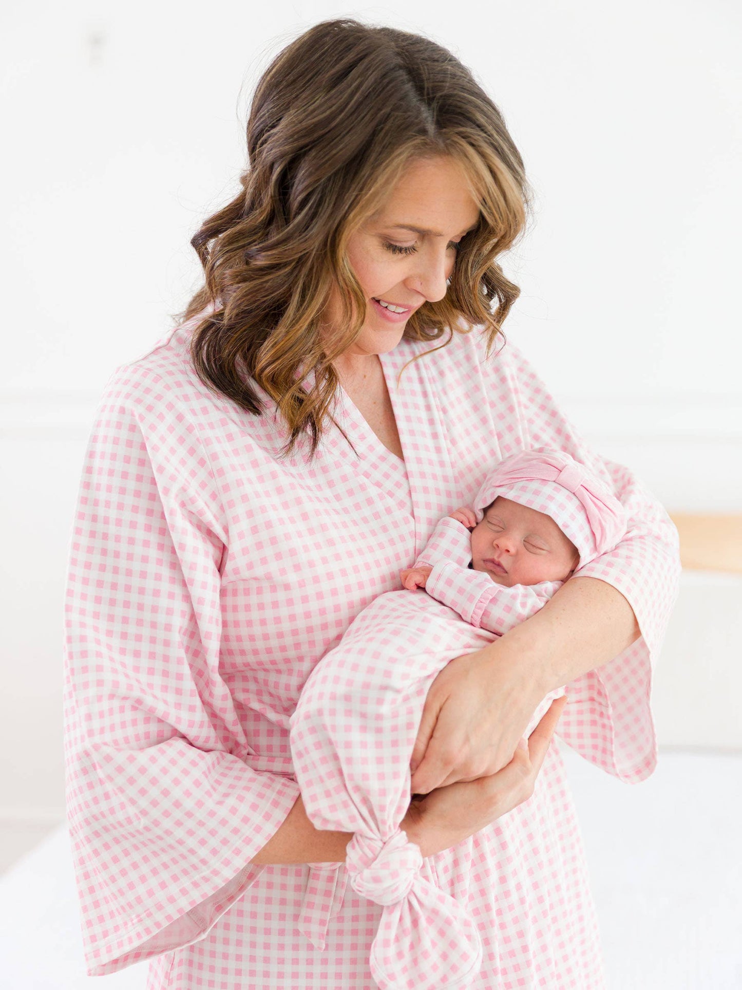Baby Girls Pink Gingham Modal Blend Ruffle Knotted Sleep Gown & Hat Set
: Pink