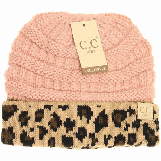 Kids' Leopard Print Matching Cuff CC Beanie: Natural/Indie Pink