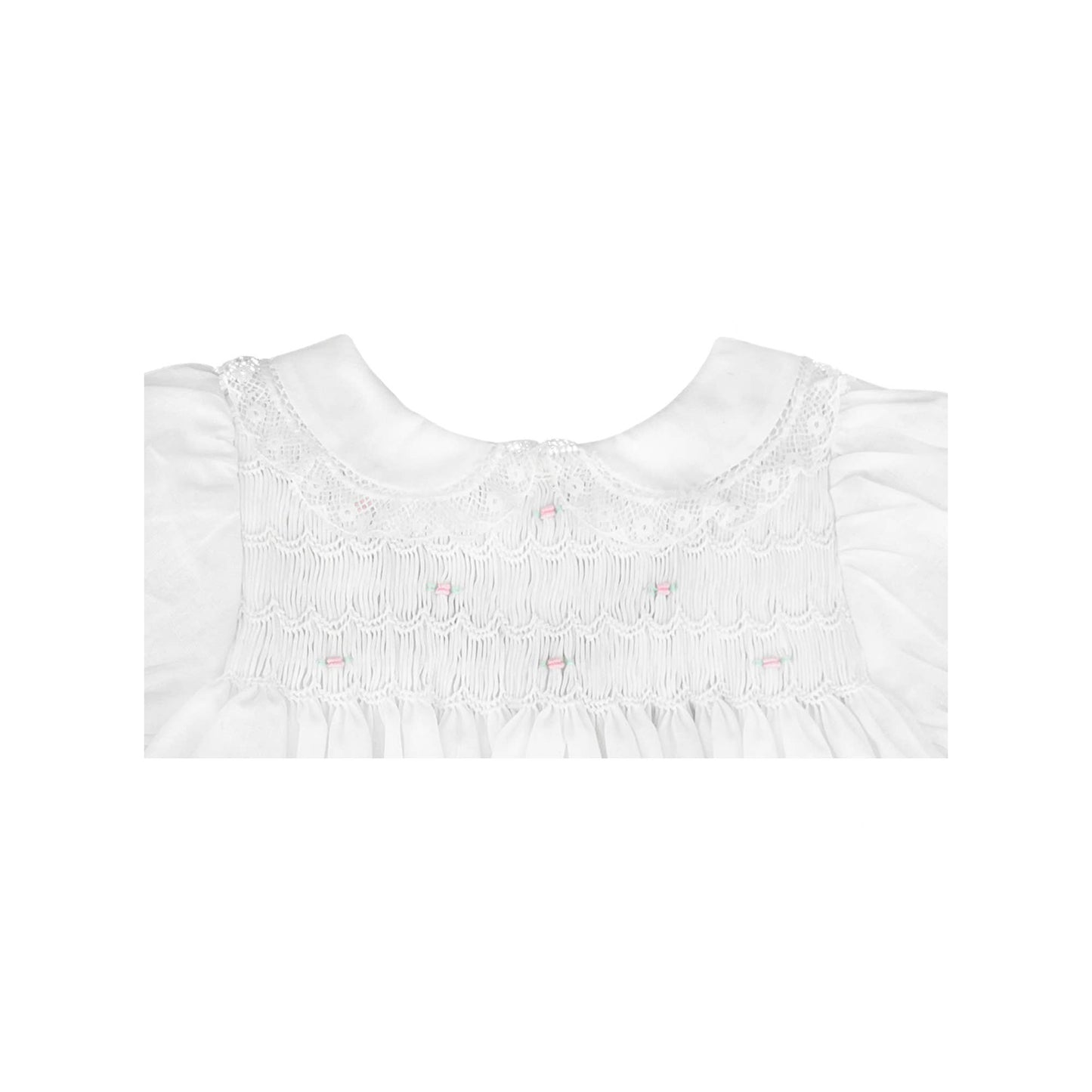 Fully Smocked Dress with Lace: White
