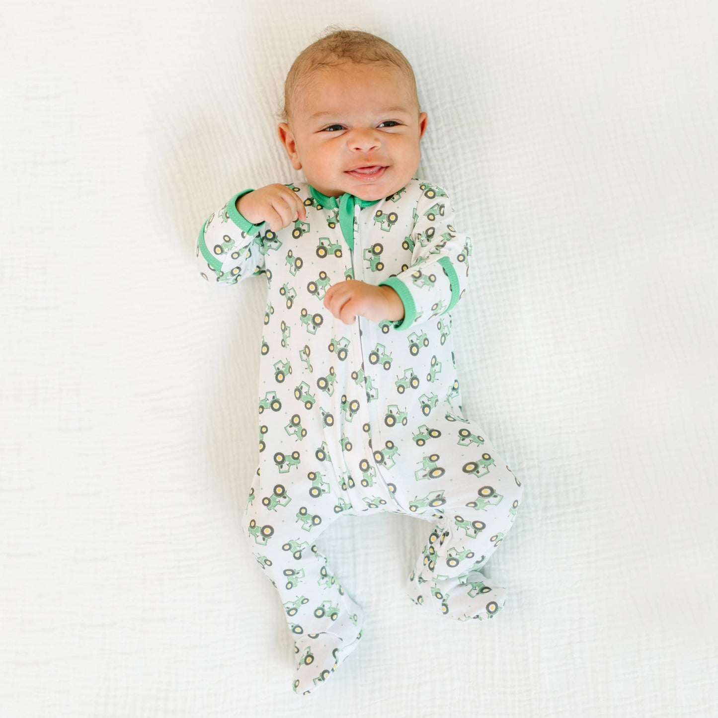 Lil' Green Tractor Print Zip Footie