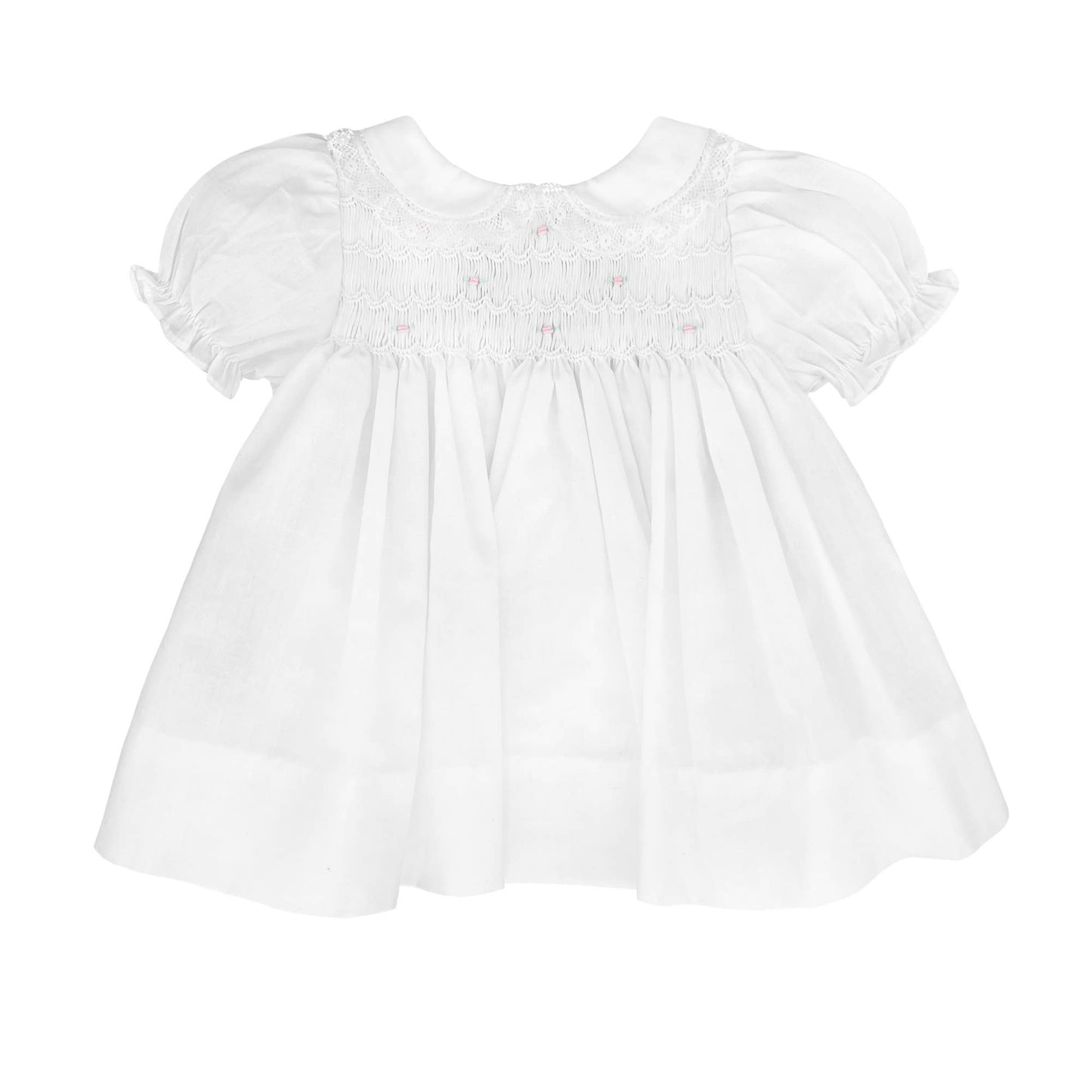 Fully Smocked Dress with Lace: White