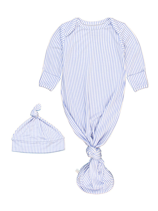 Baby Boys Periwinkle & White Micro Stripe Bamboo Viscose Knotted Sleep Gown & Hat Set
: Blue