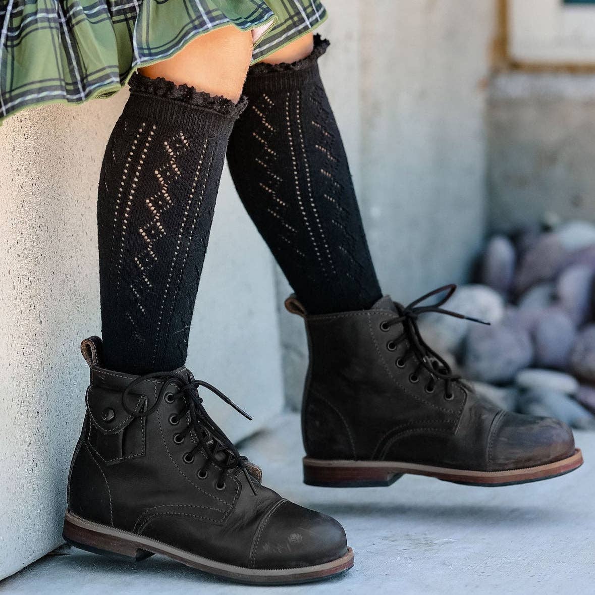 Black Fancy Lace Top Knee High Socks