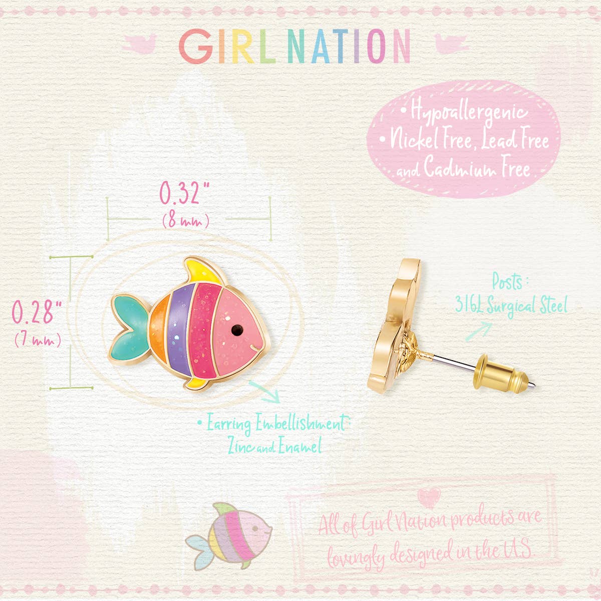 Glitter Rainbow Fish | Cutie Stud Earrings for Kids