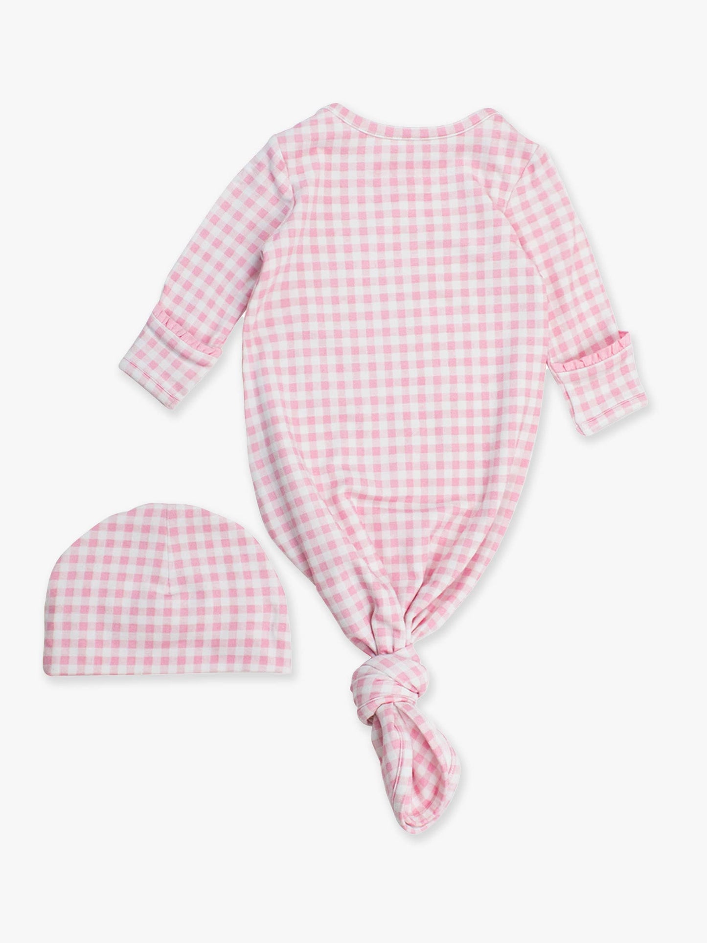 Baby Girls Pink Gingham Modal Blend Ruffle Knotted Sleep Gown & Hat Set
: Pink