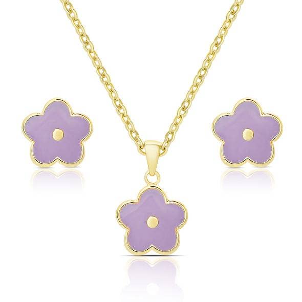 Flower Stud Earrings And Necklace Set: Purple