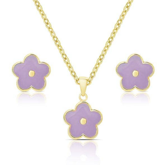 Flower Stud Earrings And Necklace Set: Purple