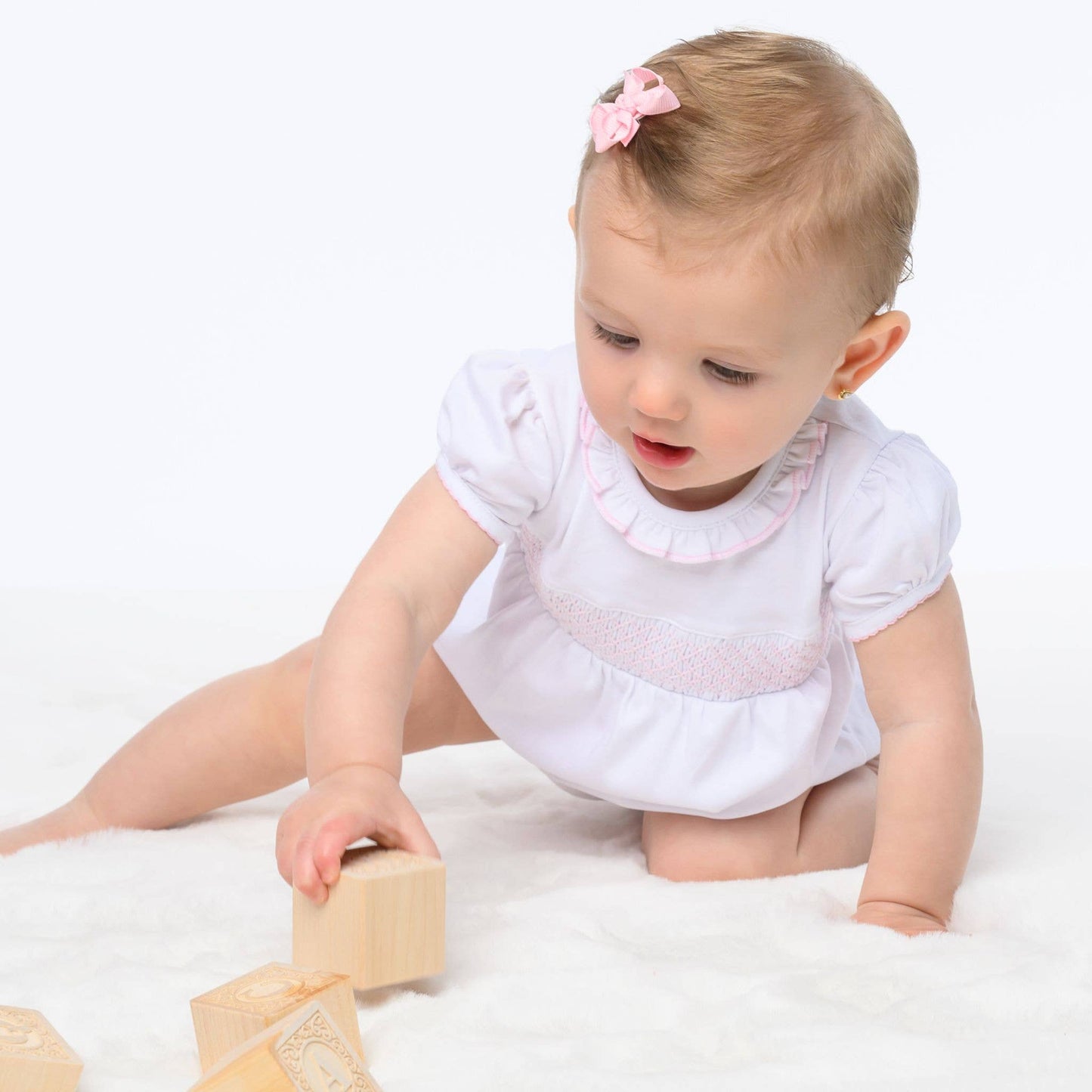 Essentials Solid Smocked Bubble - White Pink: 9 Months