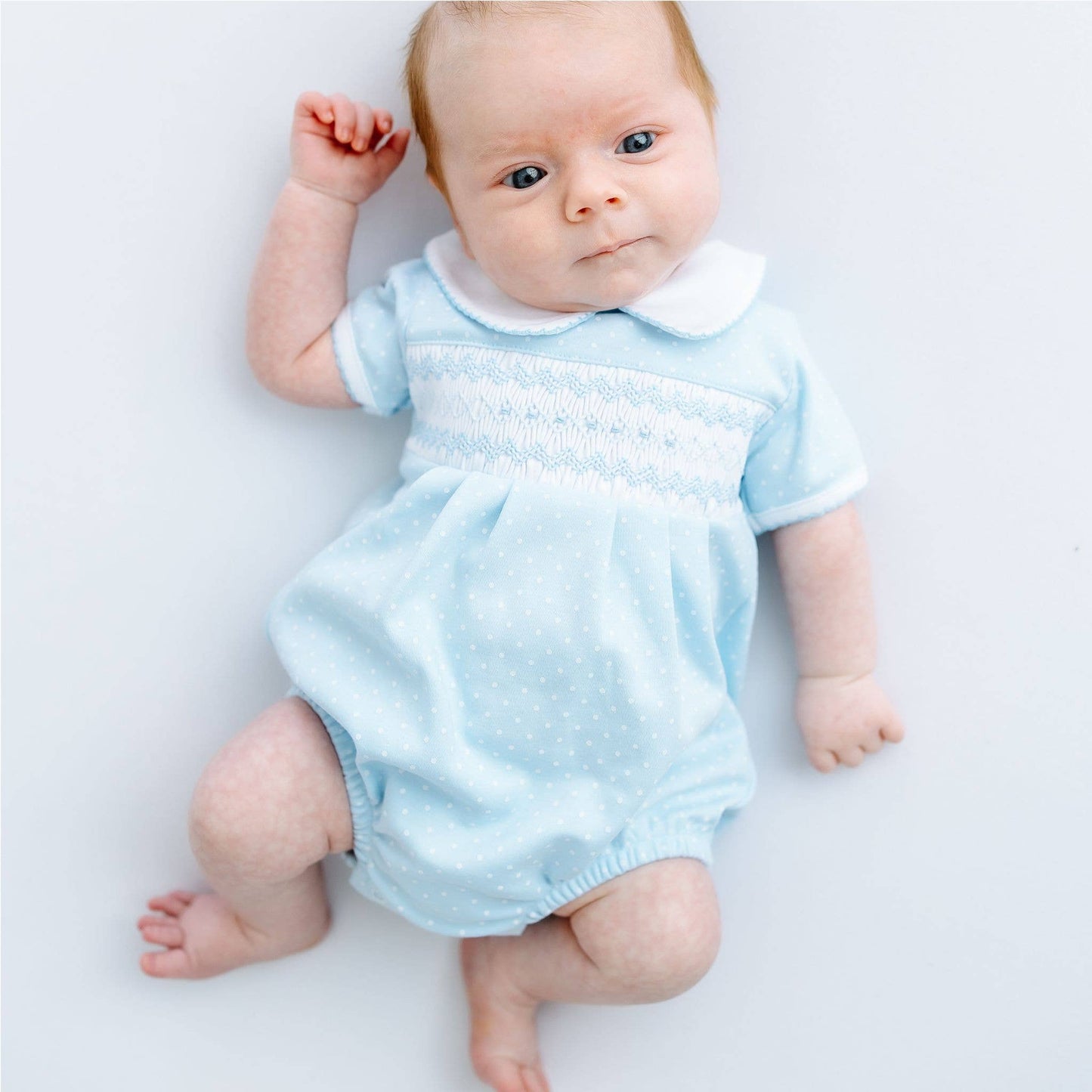 Luca's Classics Smocked Short Sleeve Bubble - Light Blue
