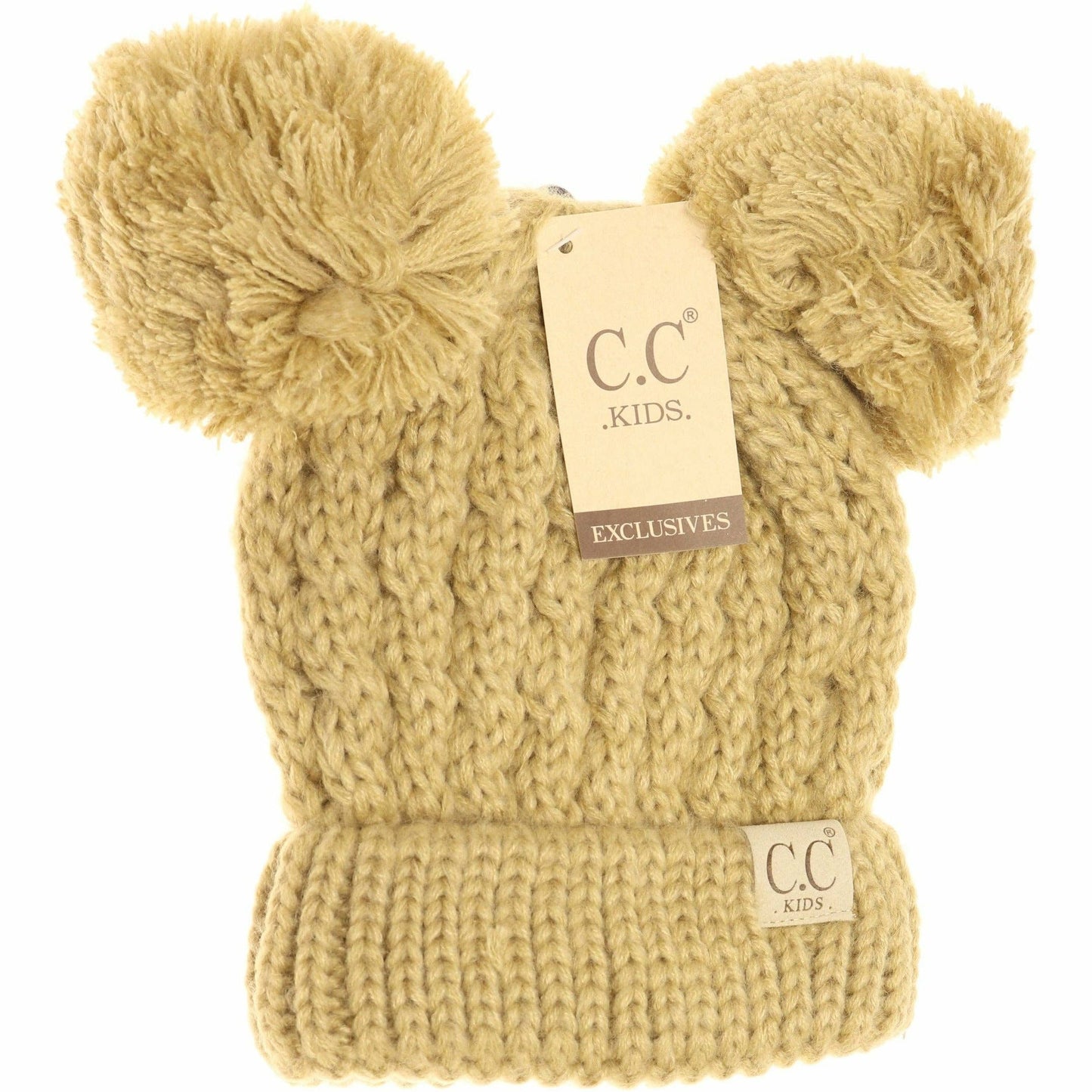 Kids Solid Double Pom CC Beanies: Camel