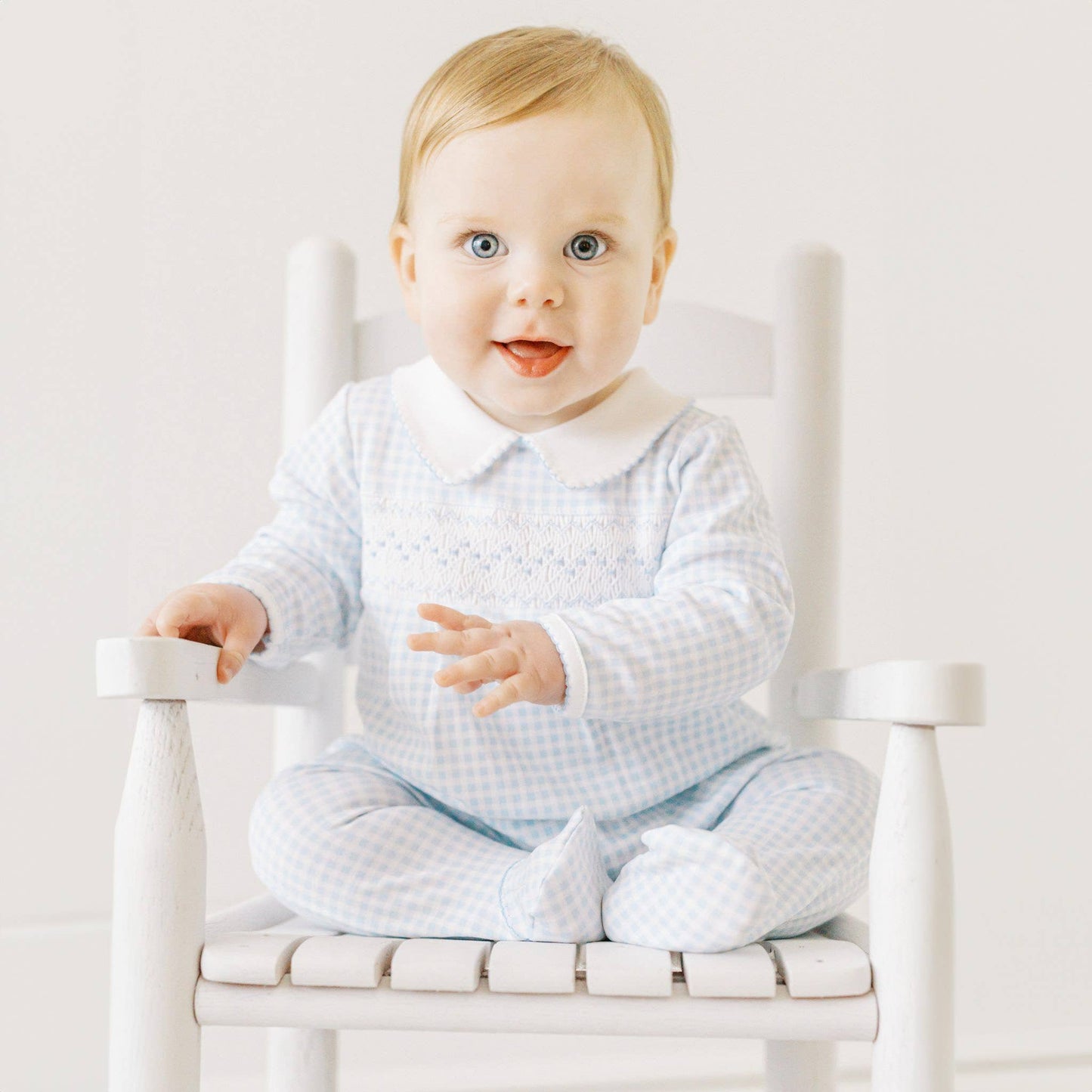 Mini Checks Smocked Collared Footie - Blue: Blue
