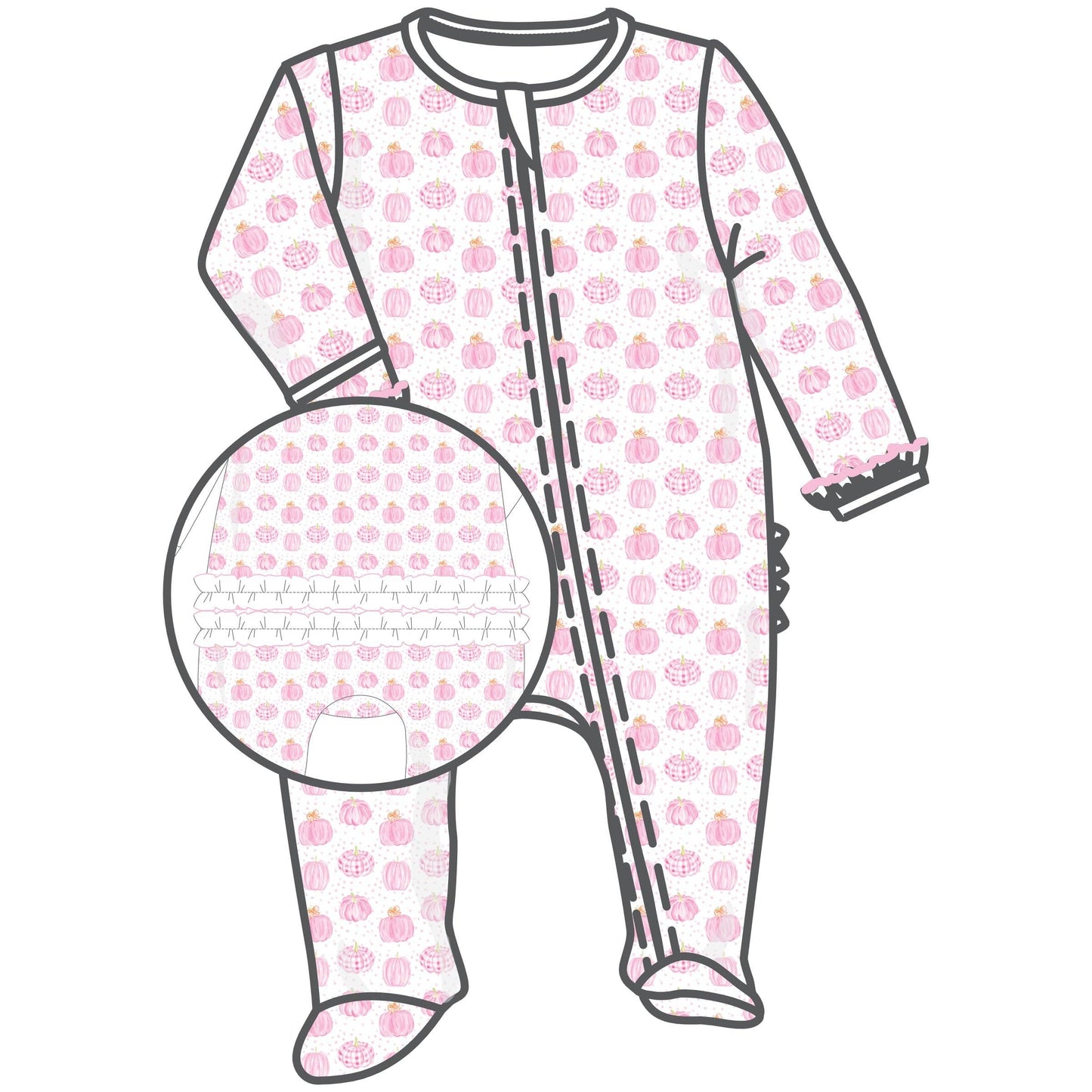 Precious Pumpkins Print Ruffle Zip Footie - Pink