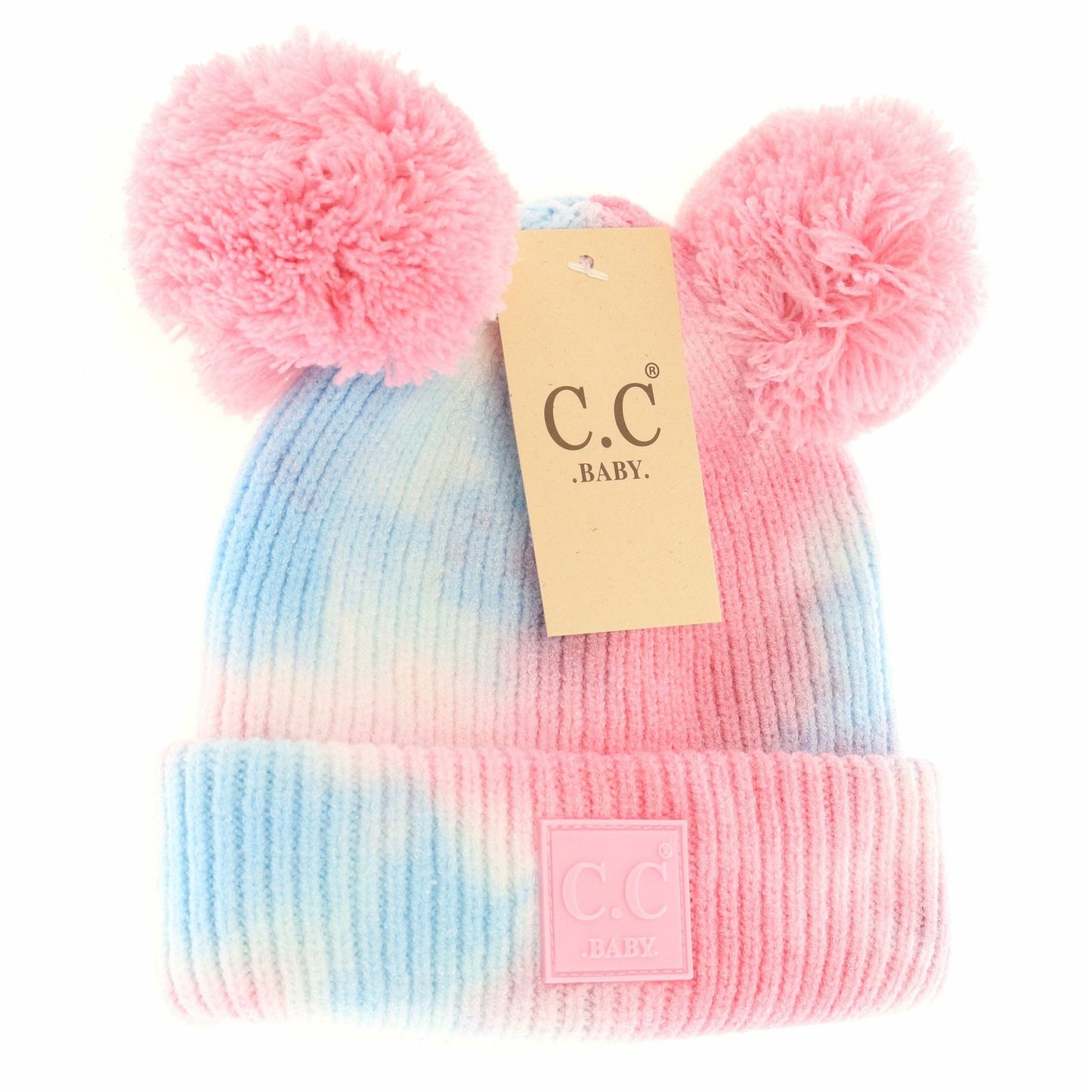 Baby Tie Dye Double Fur Pom Beanie - Newborn/Knit Hat: Baby Pink/Baby Blue