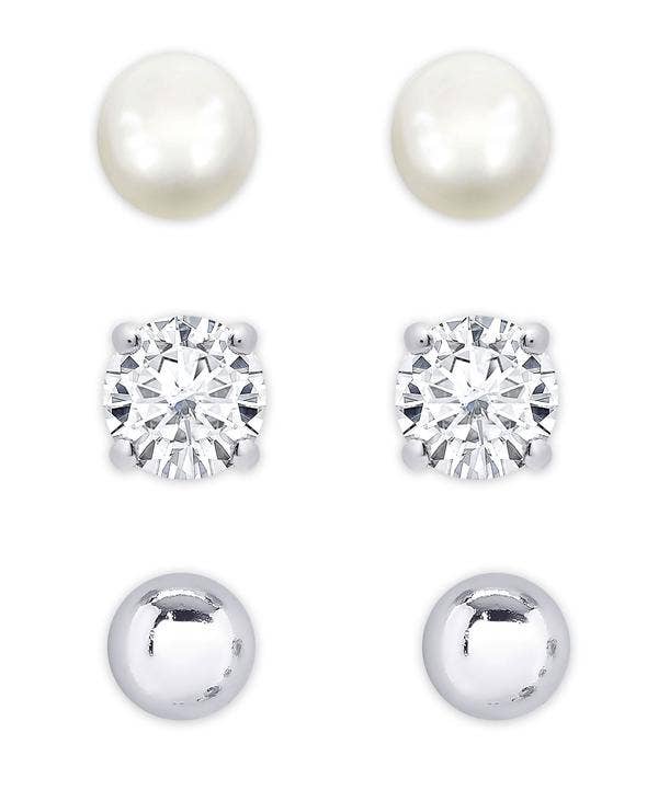 Freshwater Pearl And CZ Stud Set - Sterling Silver: Sterling Silver