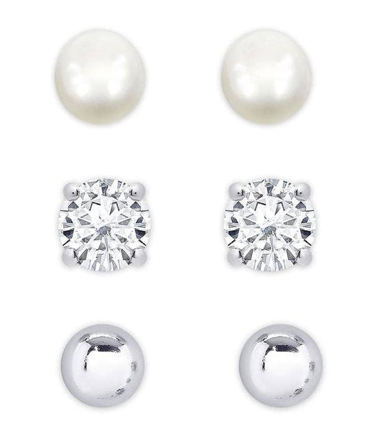 Freshwater Pearl And CZ Stud Set - Sterling Silver: Sterling Silver