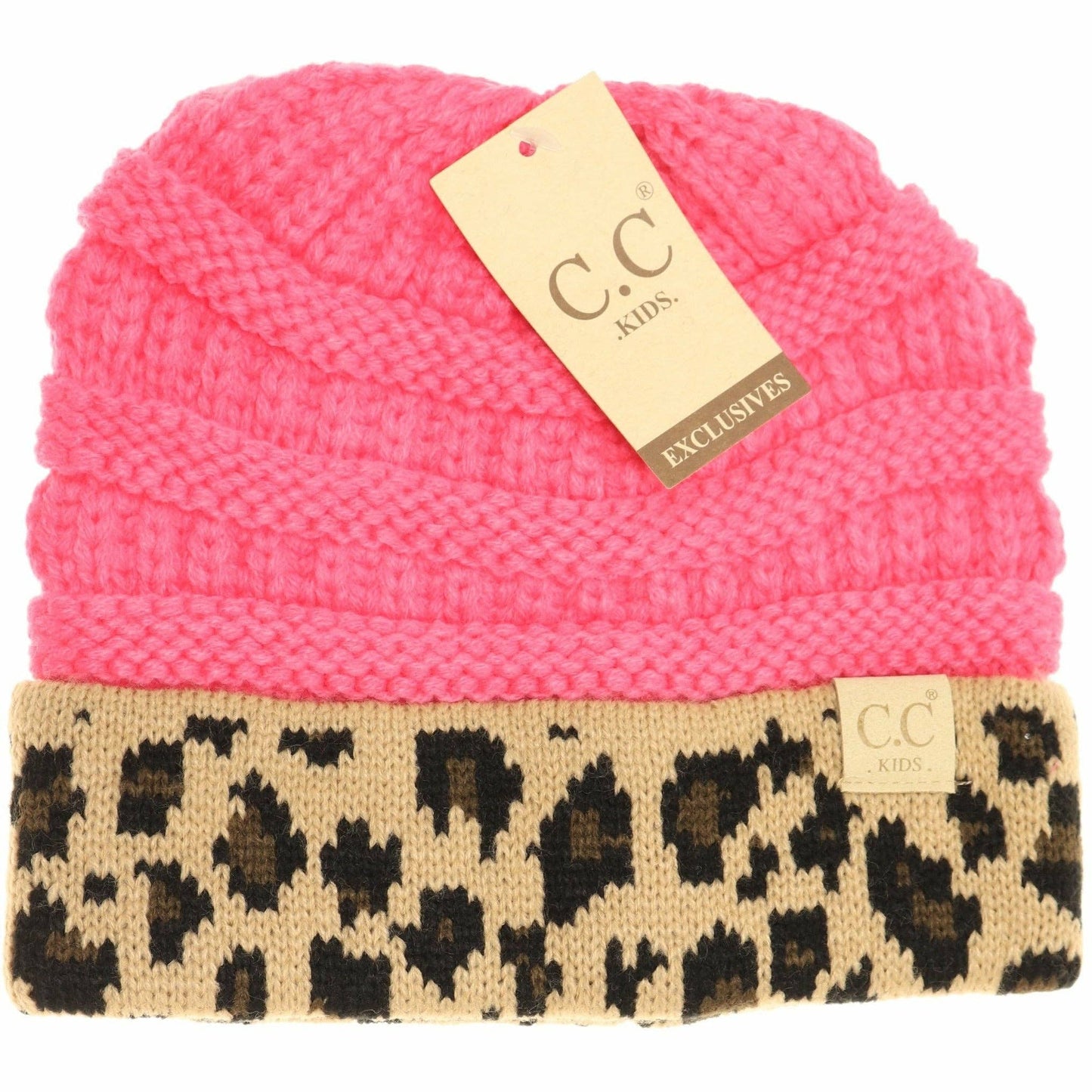 Kids' Leopard Print Matching Cuff CC Beanie: Natural/New Candy Pink