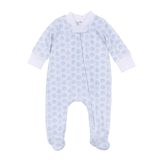 Precious Pumpkins Print Zip Footie - Light Blue