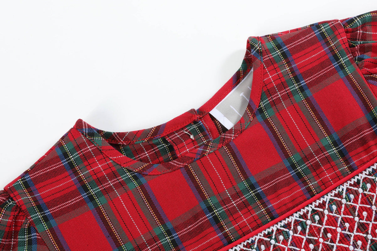 Red and Green Christmas Plaid Smocked Dress: Red