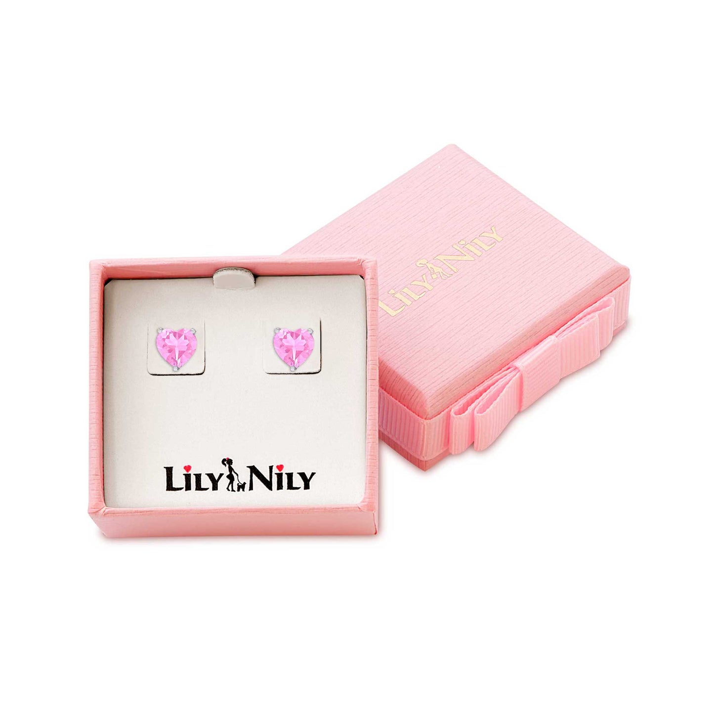 Heart CZ Stud Earrings in Sterling Silver (Pink)