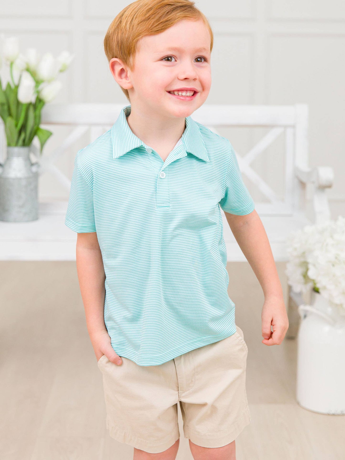 Boys Marine Green Micro Stripe Knit Short Sleeve Performance Polo