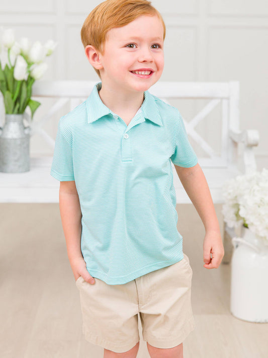Boys Marine Green Micro Stripe Knit Short Sleeve Performance Polo