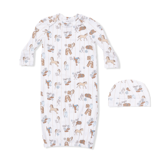 Cowboy Nursery - Lap Shoulder Gown & Beanie Hat: 0-3M