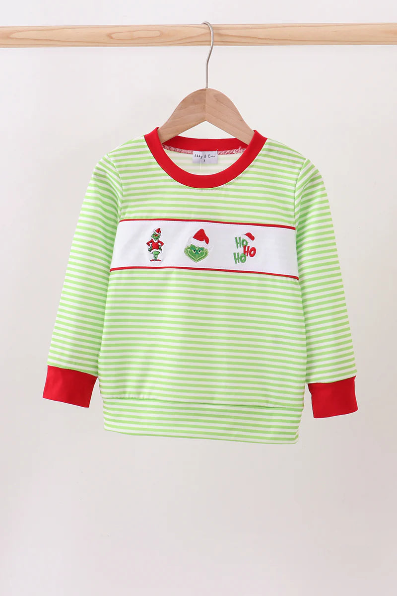 Green christmas grinch embroidery stripe top