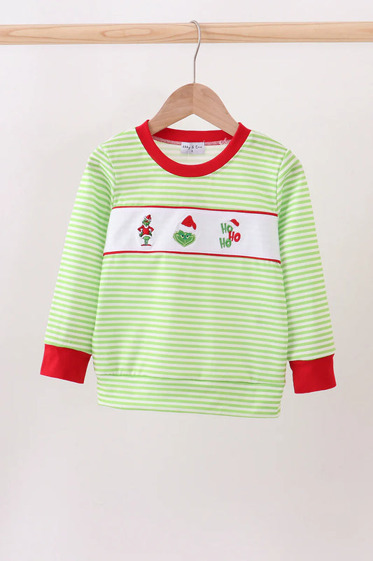 Green christmas grinch embroidery stripe top