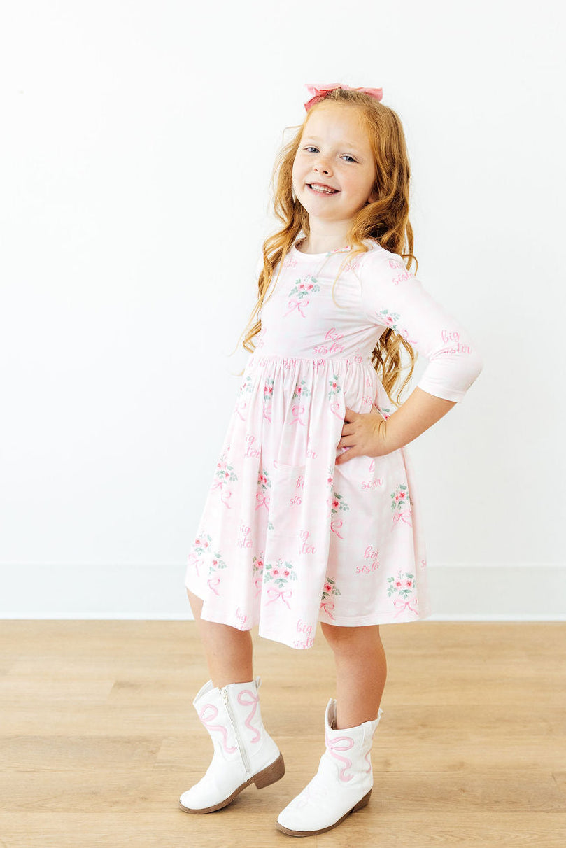 Big Sister Floral 3/4 Sleeve Pocket Twirl Dress