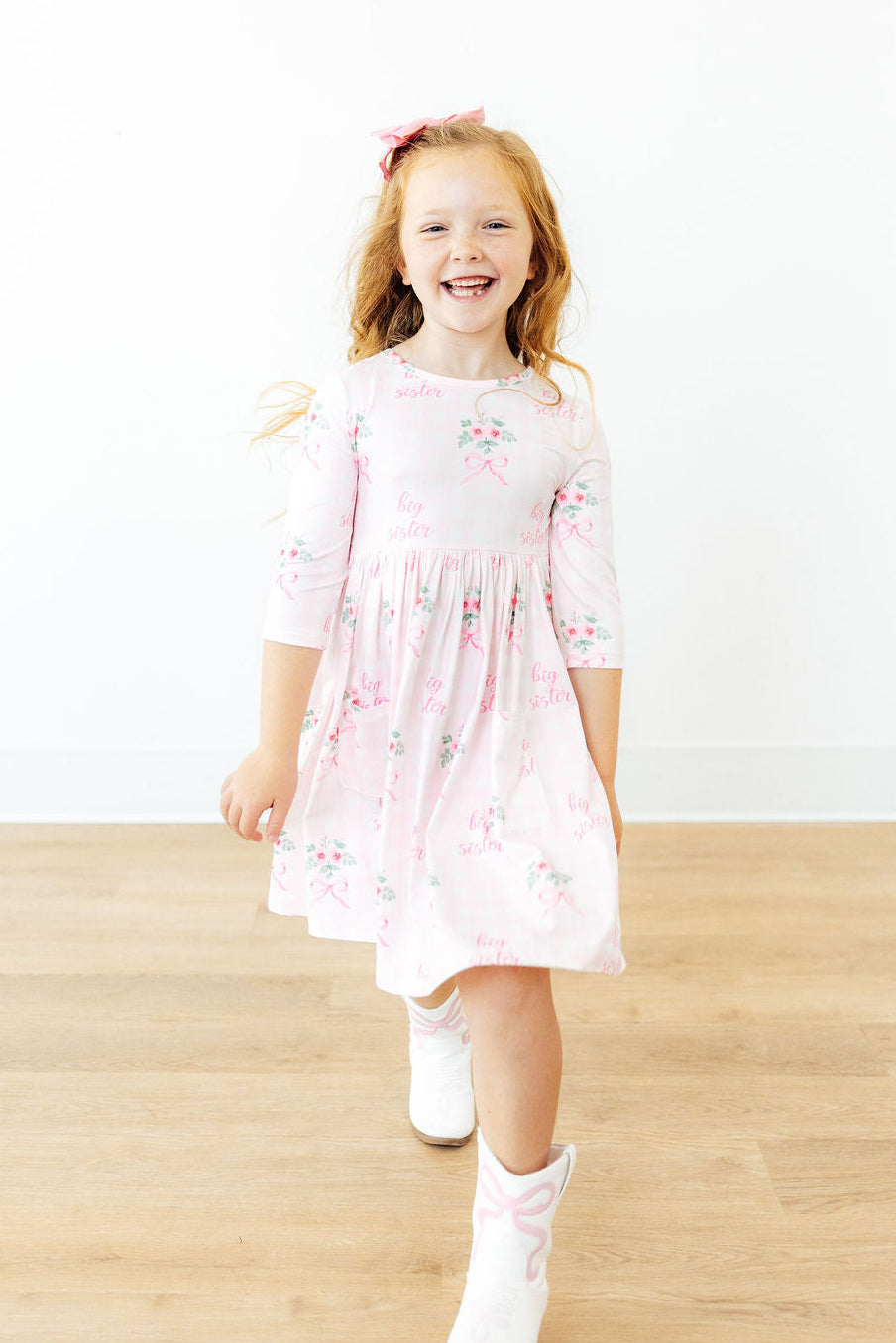 Big Sister Floral 3/4 Sleeve Pocket Twirl Dress