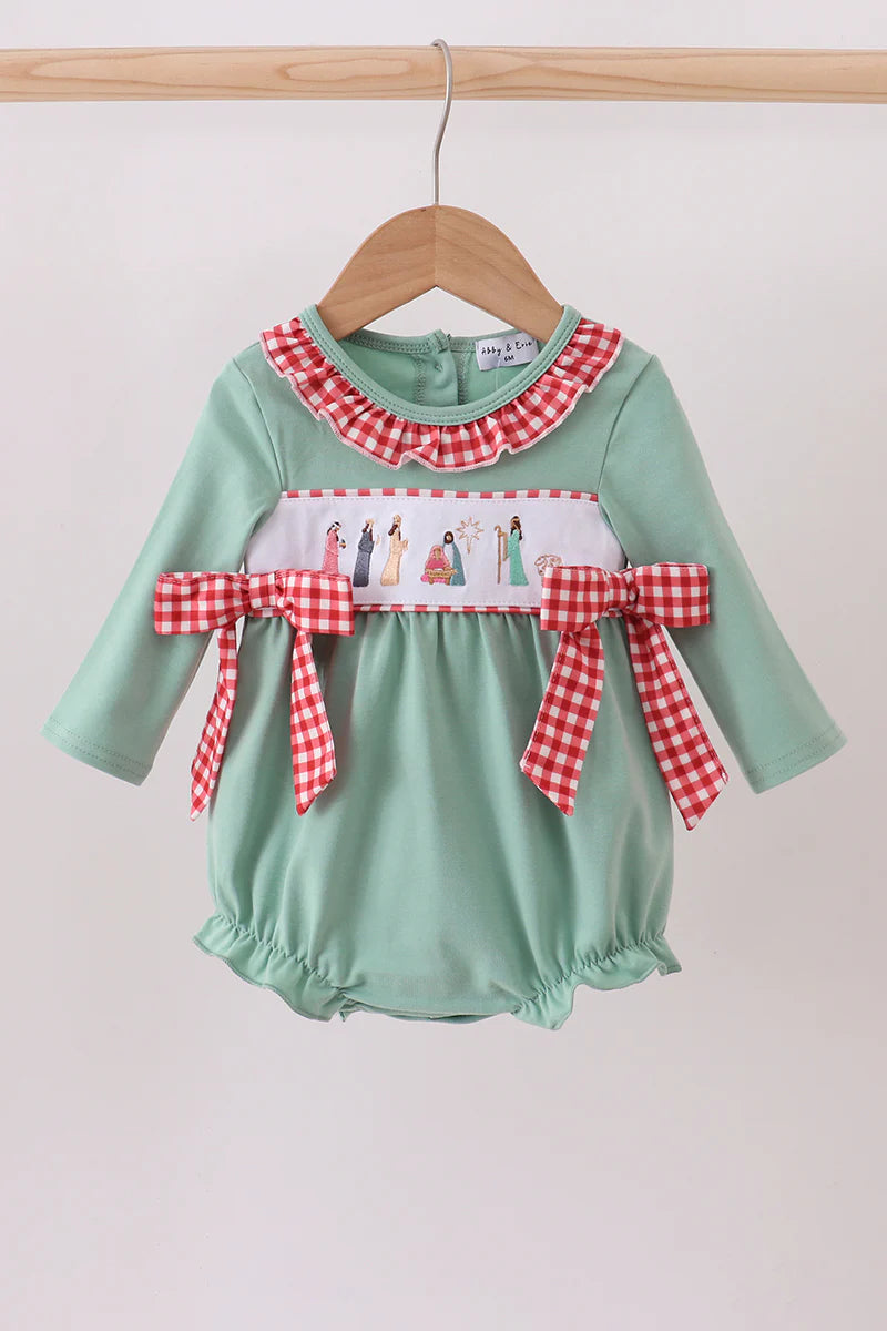 Green nativity embroidery ruffle bubble