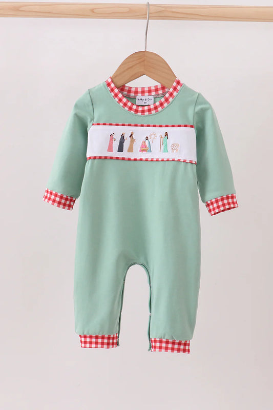 Green nativity embroidery romper
